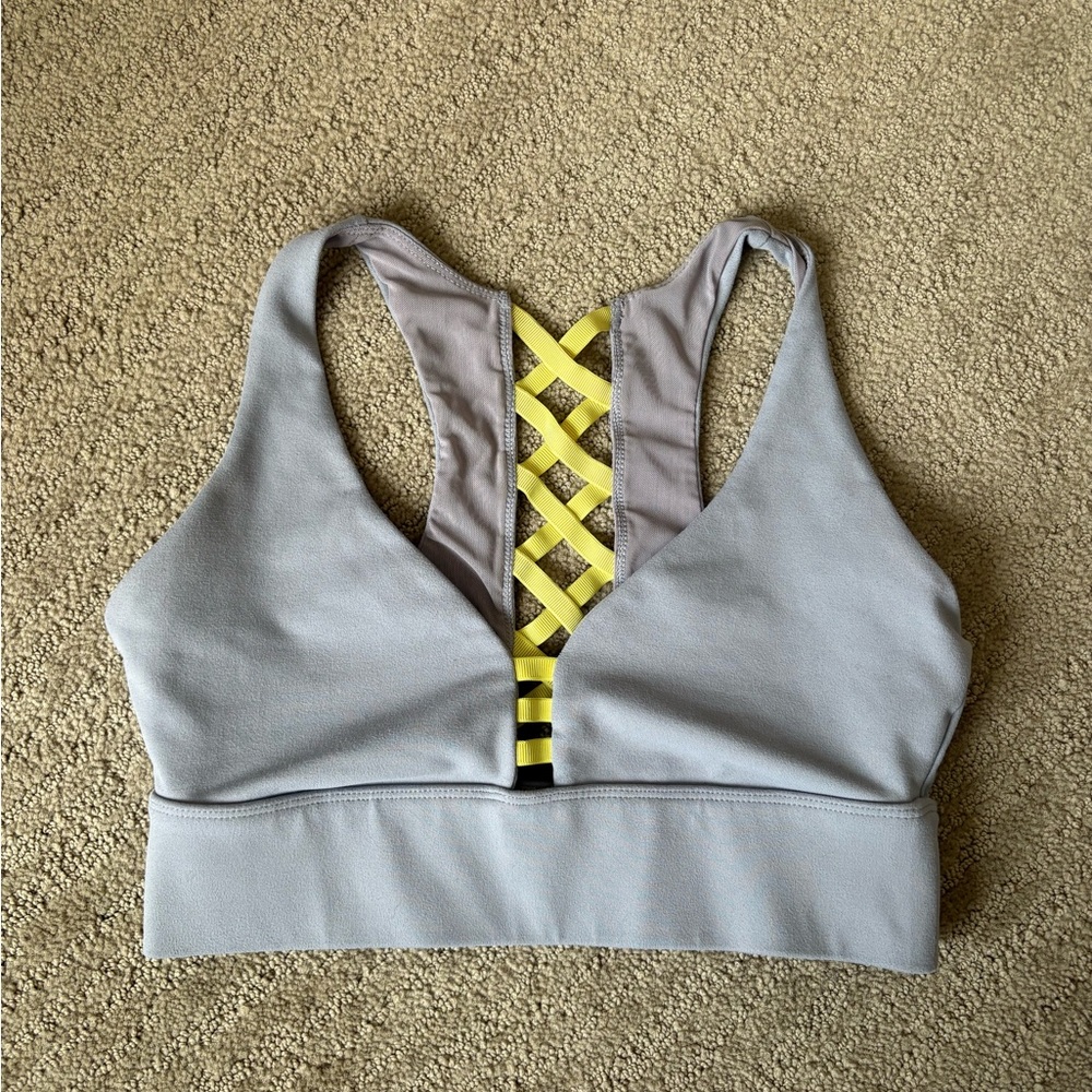 Fabletics Light Gray Sports Bralette with Yellow Lattice Back Detail